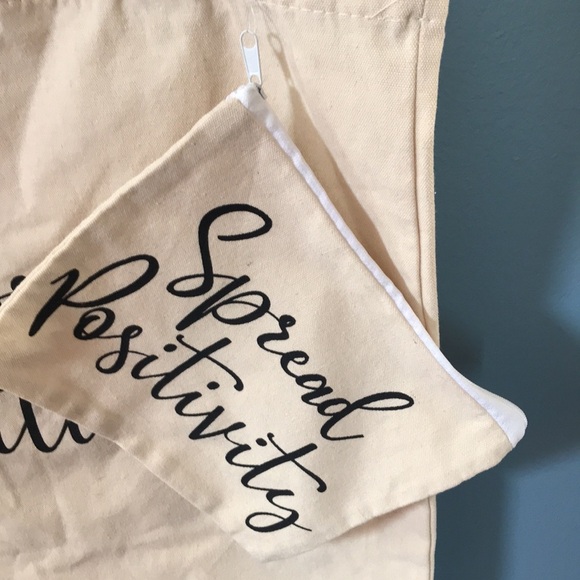 NWOT cream lightweight canvas tote & cosmetic/change bag duo. Spread positivity - Picture 4 of 10